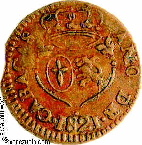 1/4  Real 1821 Provincia de Caracas Monedas Realistas a