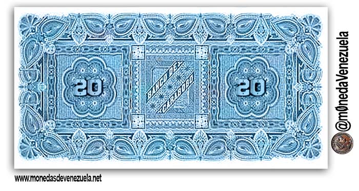 Billete 20 Bolivares Banco Carabobo reverso