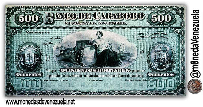 Billete 500 Bolivares Banco de Carabobo 1883