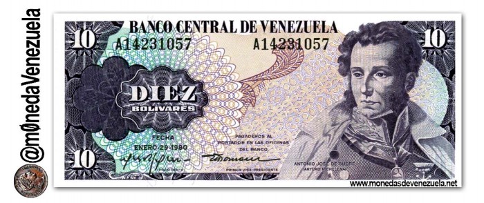 Billetes Conmemorativos del Sesquicentenario de la Muerte de Sucre. 10 Bolívares de 1980-1981