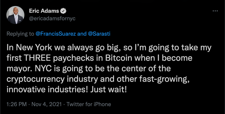 El alcalde de Nueva York recibirá su primer sueldo el viernes en bitcoin y éter