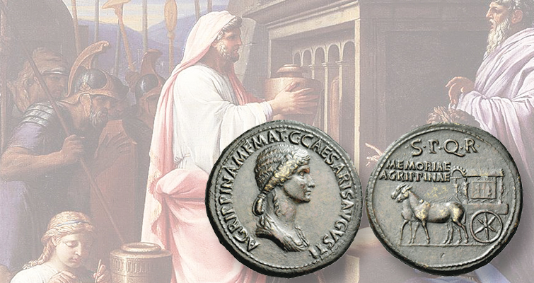 El hijo honra a su madre en las monedas antiguas: En el bloque