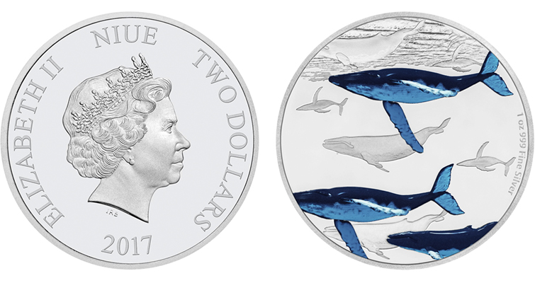 Las ballenas azules migran a través de la última moneda de la serie Niue
