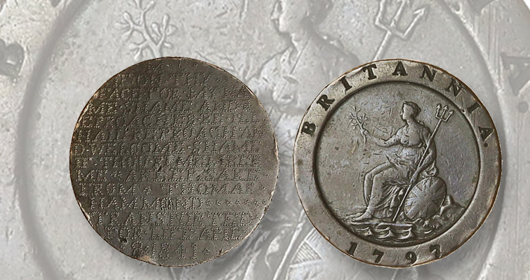 Un convicto talla el Cartwheel británico en una ficha de amor Un convicto talla el Cartwheel británico en una ficha de amor