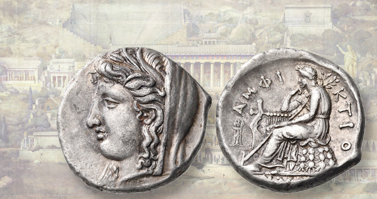 Una moneda antigua de plata reutilizada se vende en una subasta