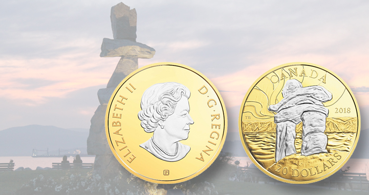 El inukshuk nativo de Canadá brilla en plata en una moneda de 20 dólares