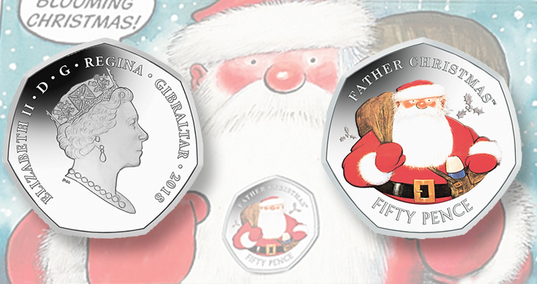 Papá Noel marca la fiesta en una moneda de 50 peniques Papá Noel marca la fiesta en una moneda de 50 peniques