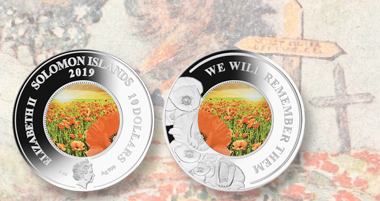 La moneda de 10 dólares de las Islas Salomón presenta amapolas en color