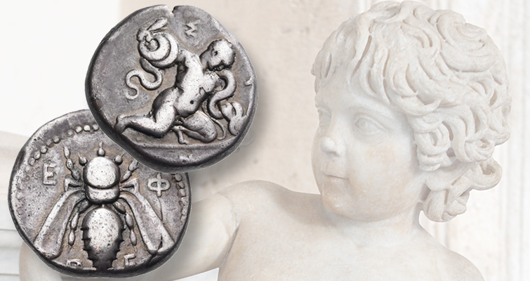 Una antigua moneda de plata muestra la leyenda del bebé Hércules