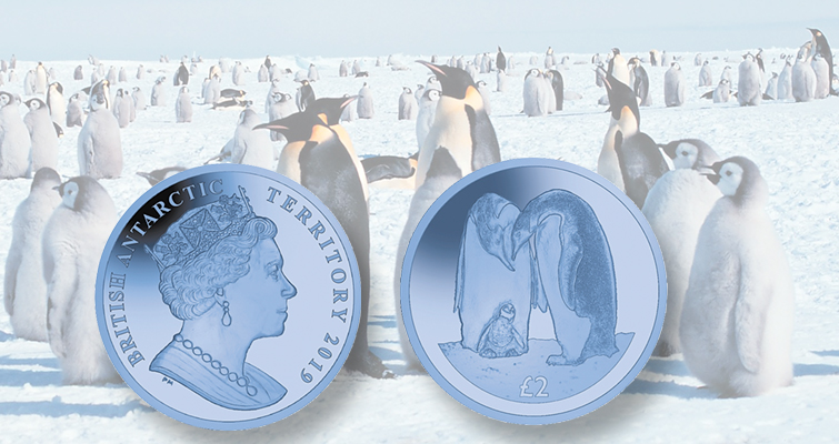 Es una marcha de pingüinos en la moneda de Pobjoy Mint