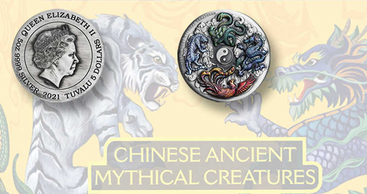 Antiguas criaturas míticas chinas en una moneda de 5 onzas de plata de Tuvalu