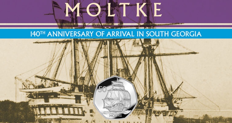 La Casa de la Moneda de Pobjoy conmemora la visita de un barco a la isla con una moneda de 50 peniques