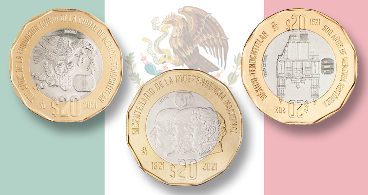 México presenta un trío de monedas de 20 pesos