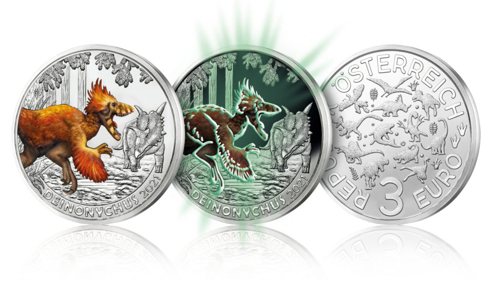 Moneda austriaca de 3 euros de 2021 dedicada al Deinonychus antirrhopus